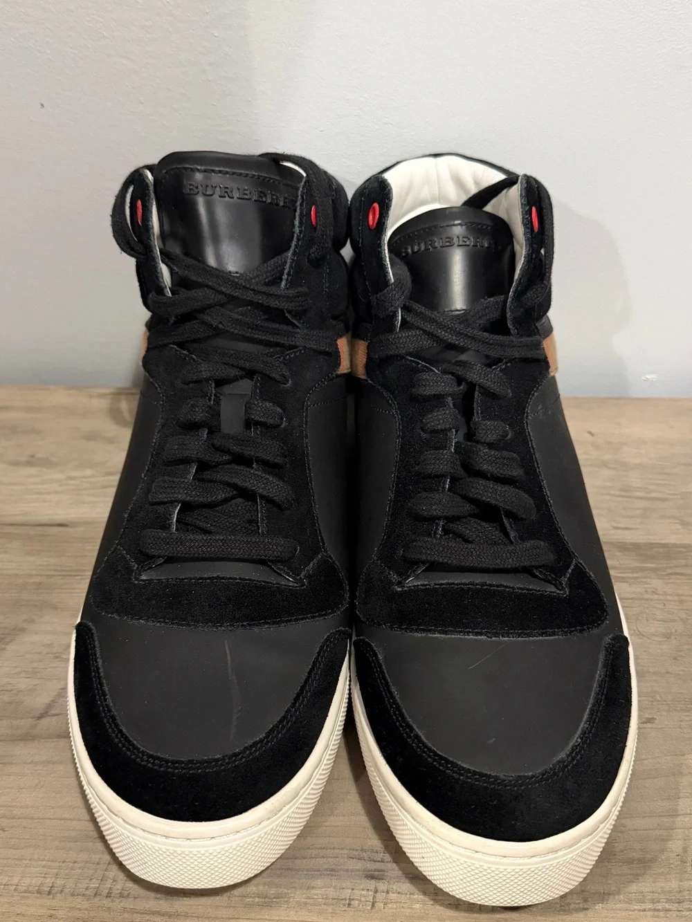 Burberry Black High-Top Leather & Suede Sneakers with Cream Soles